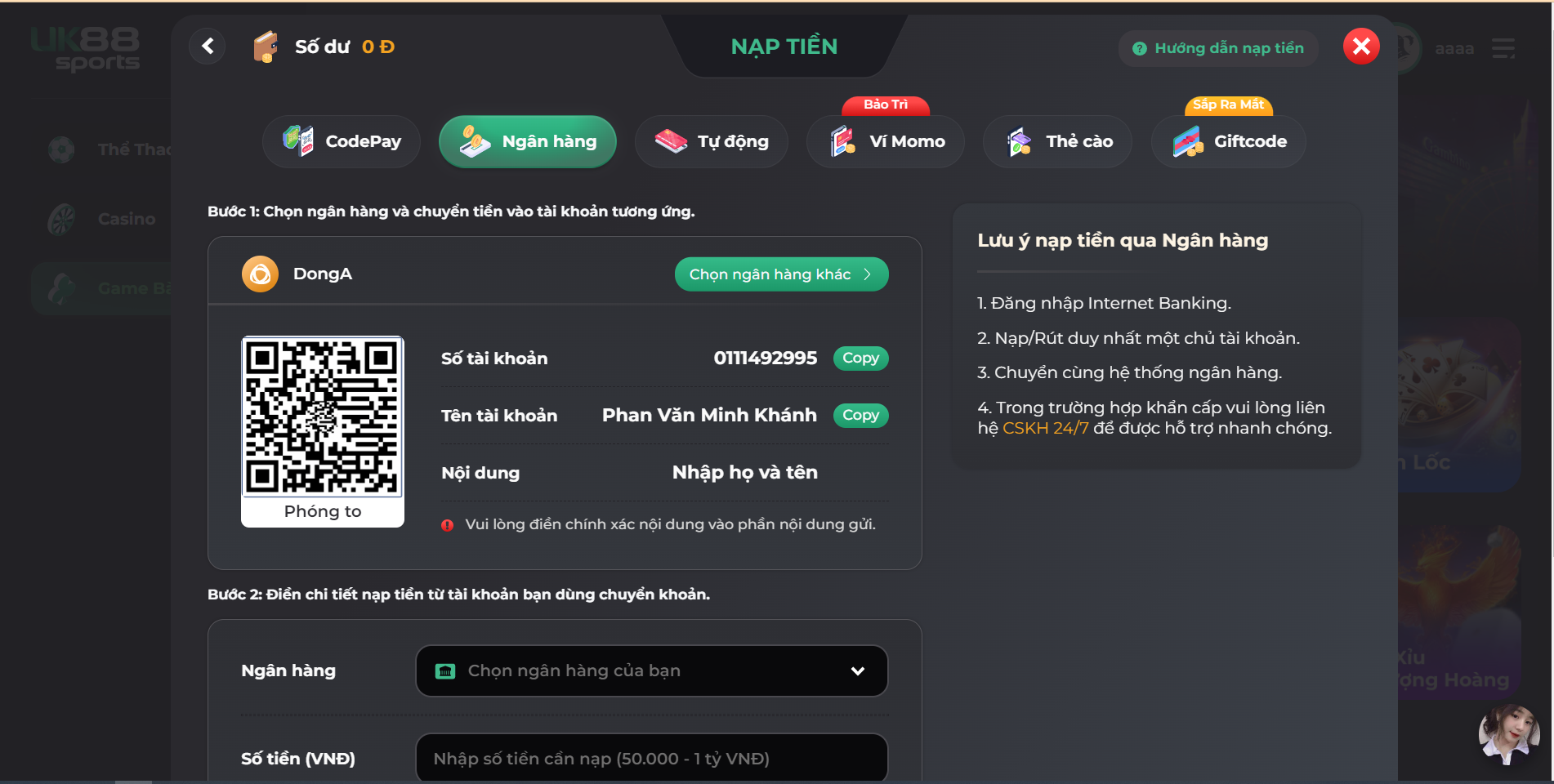 Các bước nạp tiền vào tài khoản trên UK88