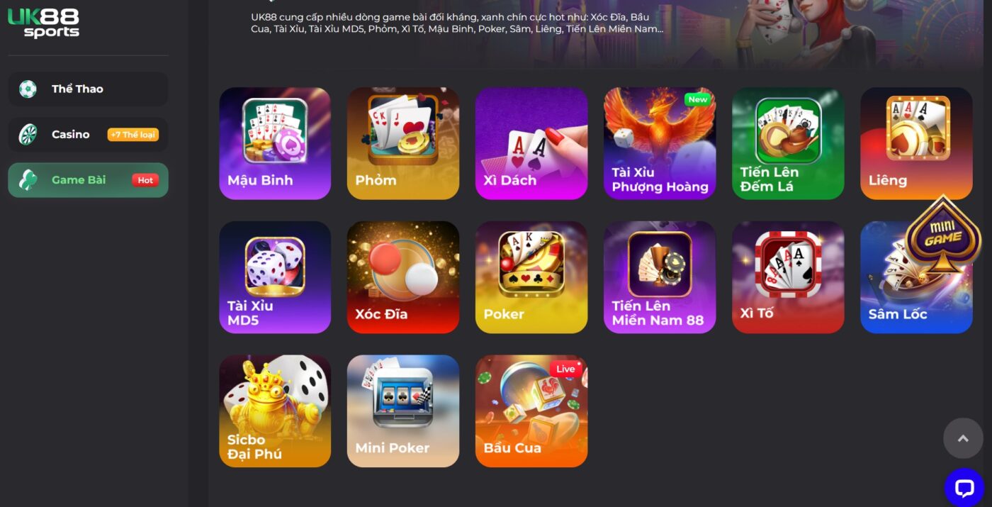 Hệ thống game bài siêu hấp dẫn tại nha cai uk88